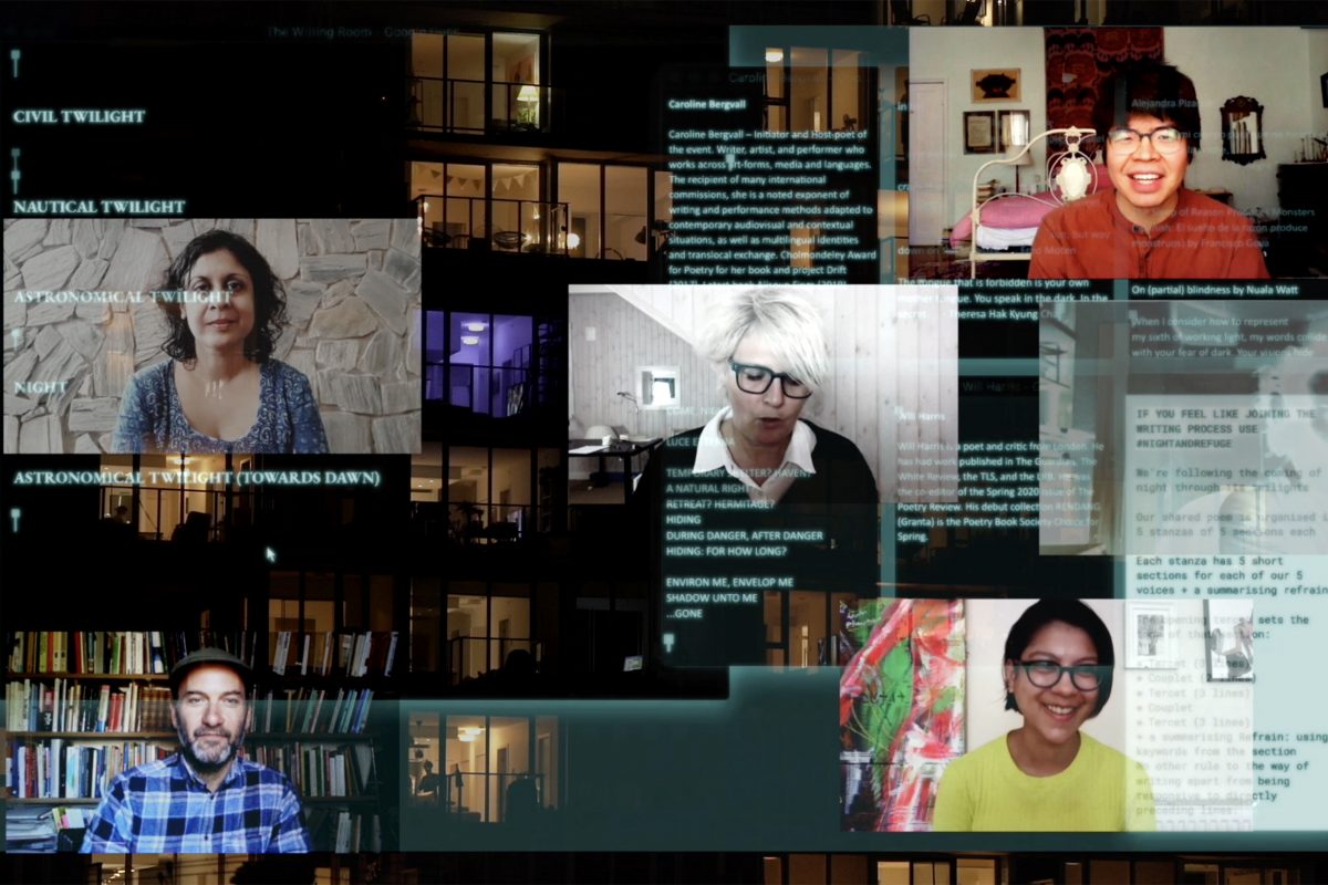 Film still from Caroline Bergvall : Night & Refuge that features text and images of the participating poets overlaid.