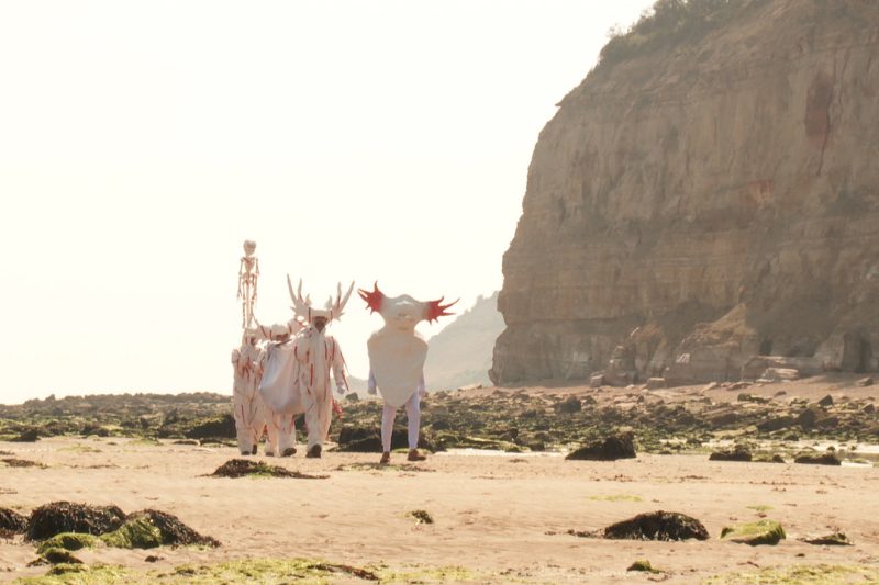 A line of people, dressed in bright white costumes resembling coral or strange sea creatures, walk across a sandy beach on a bright, hazy day. The beach is littered with stones covered in seaweed, and behind the procession is a large sheer cliff of stone.